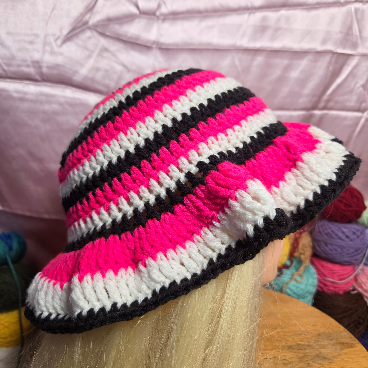 Pink Stripe Crochet Bucket Hat